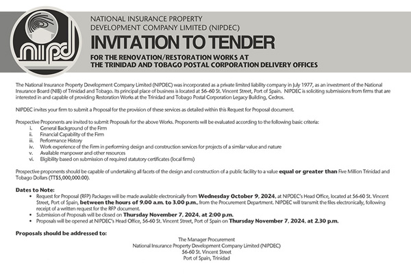 Invitation To Tender For The Renovation/Restoration Works At The Trinidad And Tobago Postal Corporation Delivery Offices