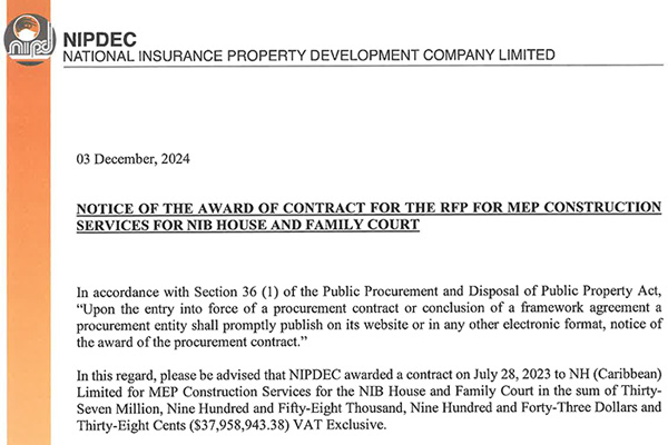 Notice of Award of Contract NHCL NIB House and Family Court