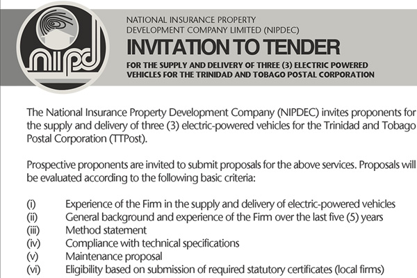 Invitation to Tender for the Supply and Delivery of Three (3) Electric Powered Vehicles