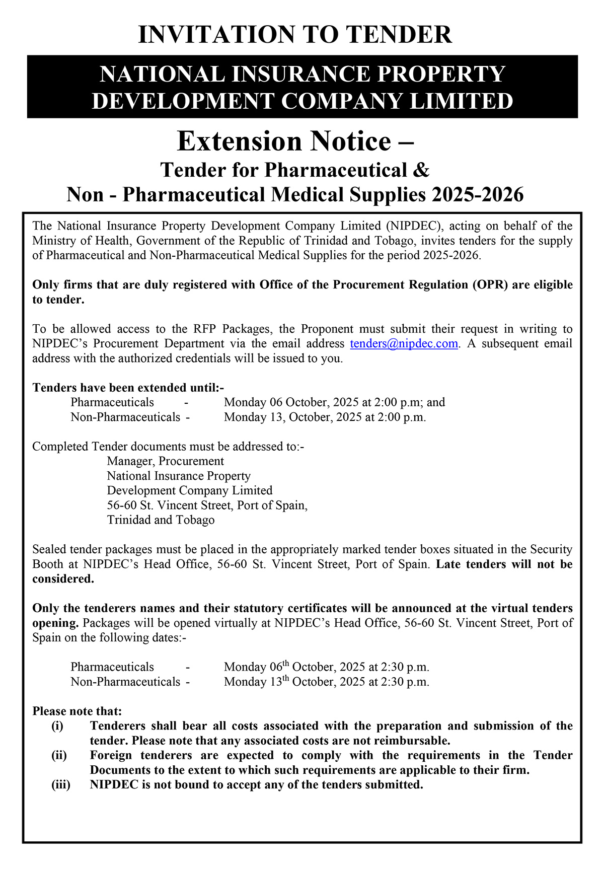 Extension of Tender for Pharm/Non Pharm Medical Supplies 2025/2026