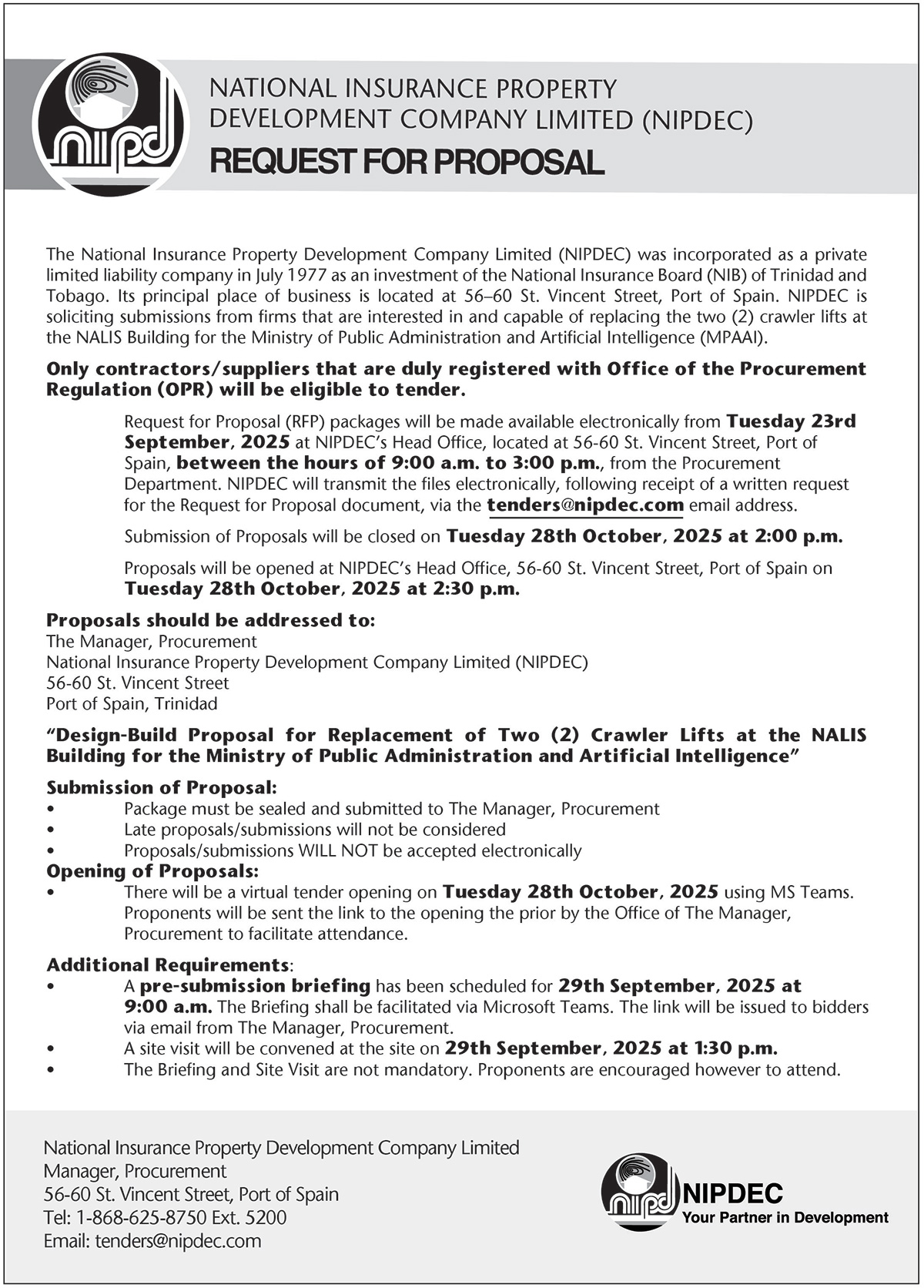 Request for Proposals - Crawler Lifts at the NALIS Building