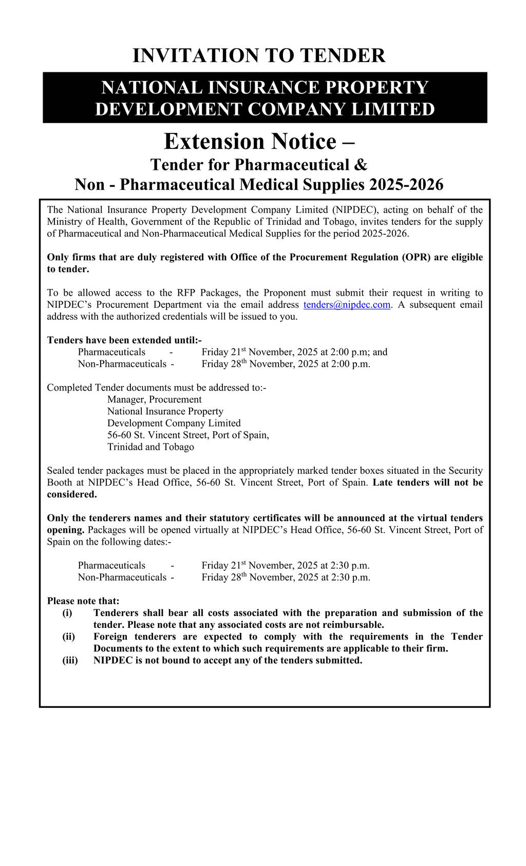 Tender for Pharmaceutical & Non - Pharmaceutical Medical Supplies 2025-2026