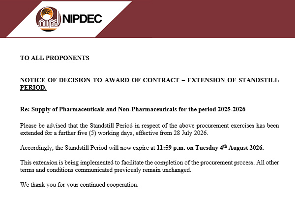 NOTICE OF DECISION TO AWARD OF CONTRACT – EXTENSION OF STANDSTILL PERIOD