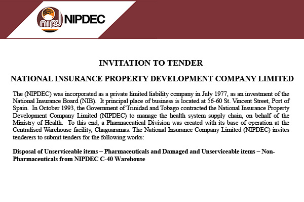Invitation to Tender - Disposal of Unserviceable items - Pharmaceuticals and Damaged and Unserviceable items - Non-Pharmaceuticals from NIPDEC C-40 Warehouse